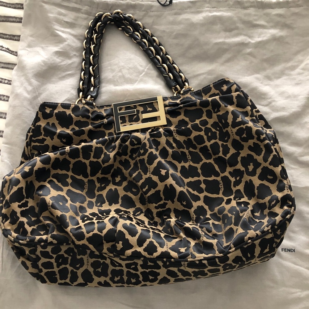 Authentic Fendi Lepard Print Mia Large Cabvas Shoulder Bag.
